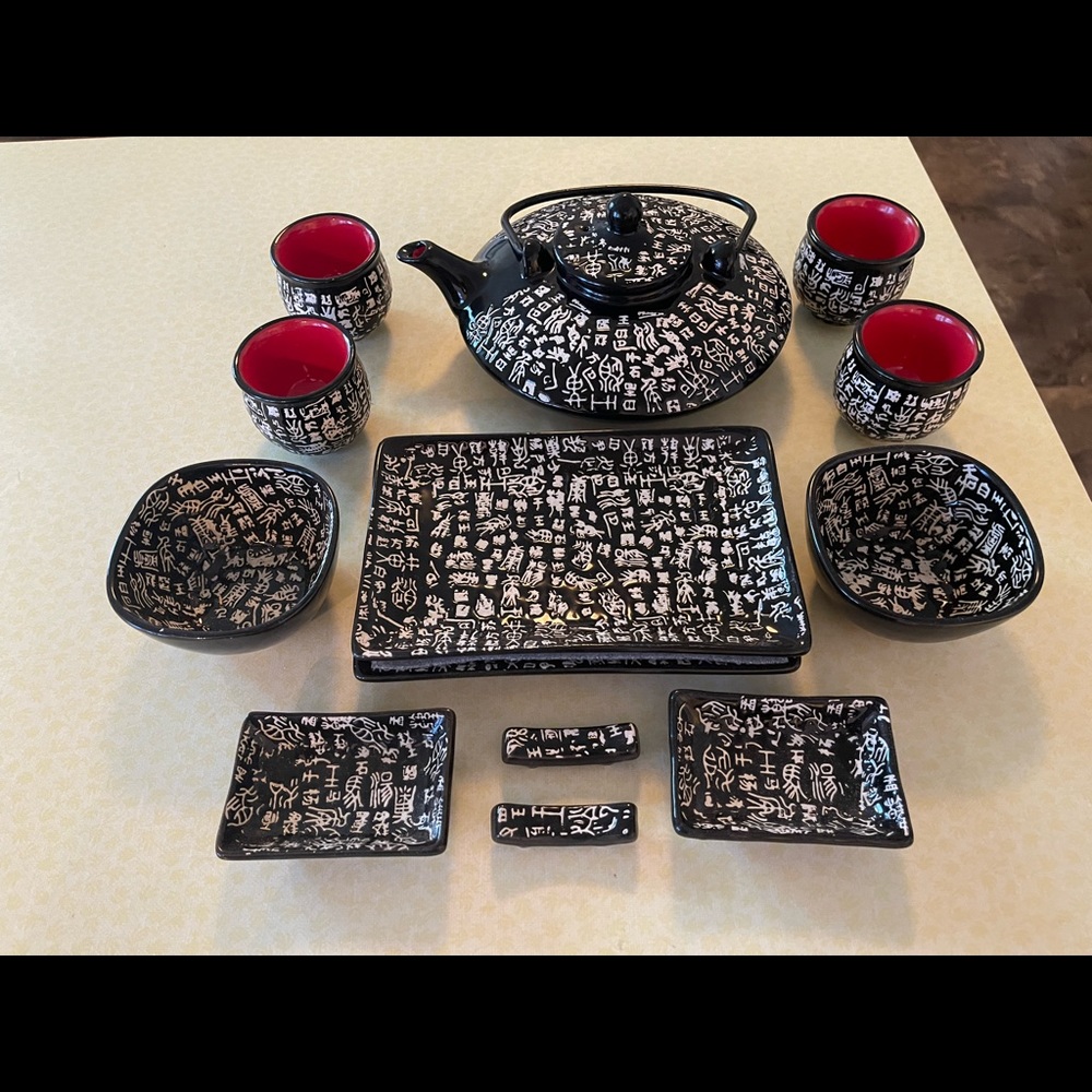 Tea pot with cups and bowls, plates with chopstick holders from Hong Kong NEW